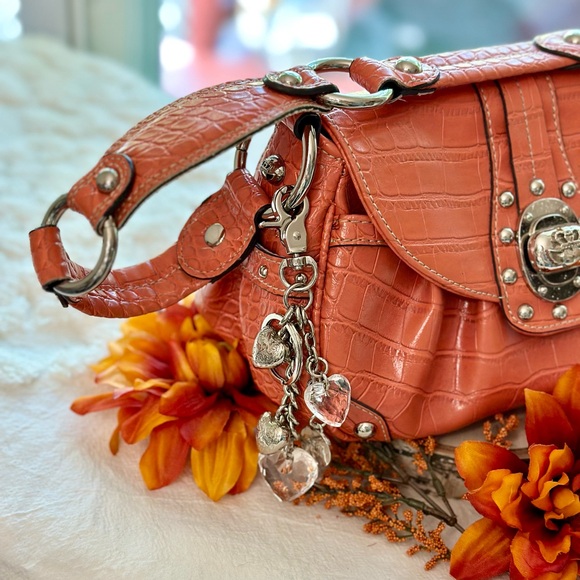 Kathy Van Zeeland Vintage Bag Orange Purse Y2K Faux Croc Charms Buckles - Picture 3 of 12